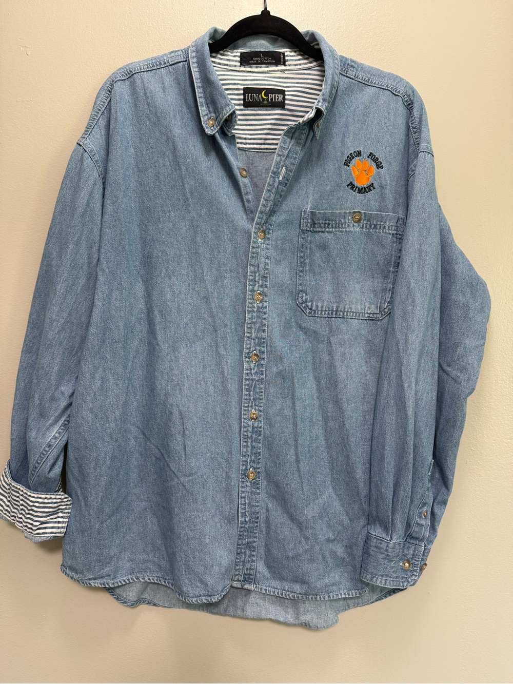 Luna & Pier Light Wash Denim Button-Up Shirt with Embroidered Paw